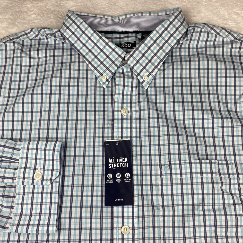 CHAPS Shirt Mens 3XLT Blue Checks Regular Fit Flip Cuffs Stretch NWT!